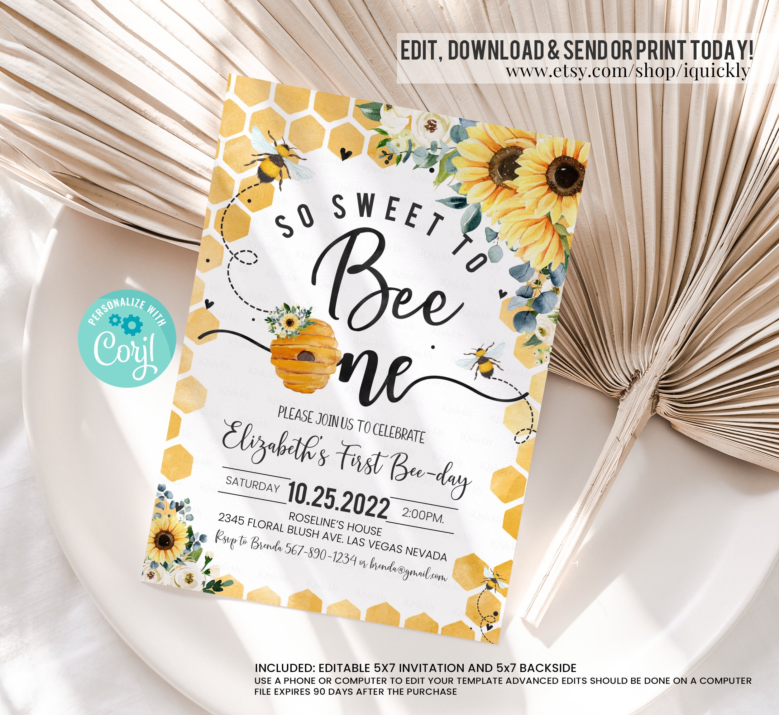 Editable Bee Birthday Invitation Honey Bee Birthday Party Bee 1st ...