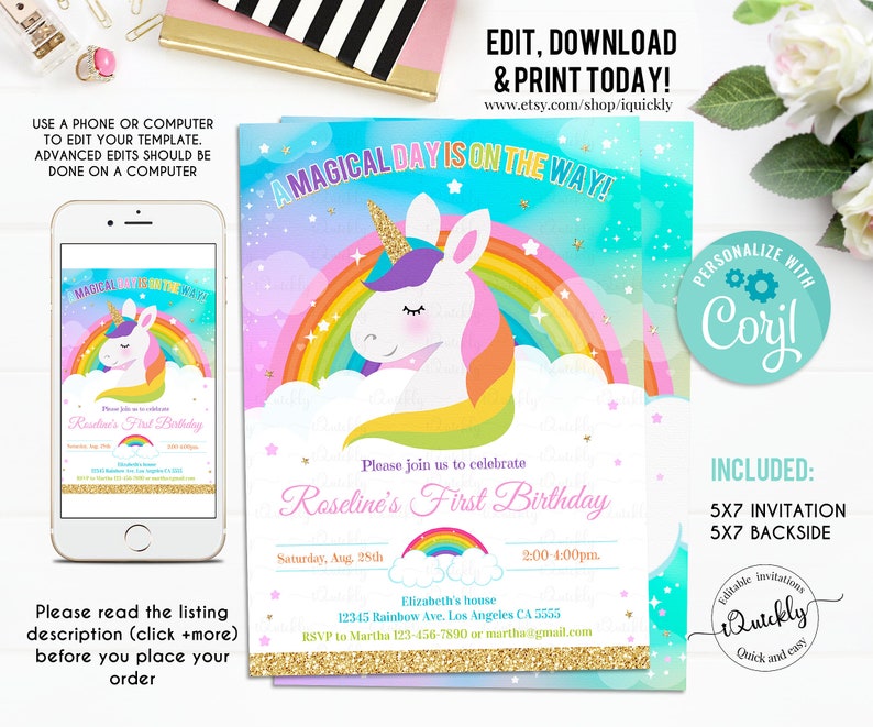 Rainbow Unicorn Birthday Invitation Editable, Unicorn party, Magical Unicorn, Unicorn invite, Unicorn and Rainbow download Template Digital image 1