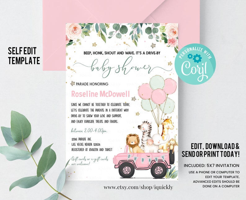 Editable Drive by Baby Shower Invitation Safari Animal Drive Etsy