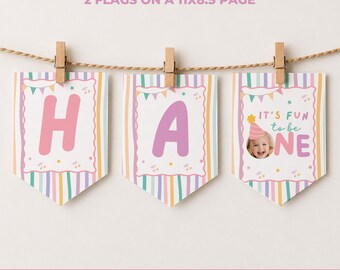 It's Fun To Be One Banner Editable Photo Girl's First Birthday Bunting Canva Template