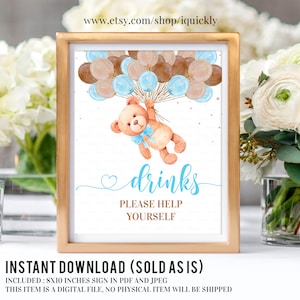 Teddy Bear Baby Shower Drinks Please Help Yourself Game Sign Boy Bear Digital Printable Instant Download