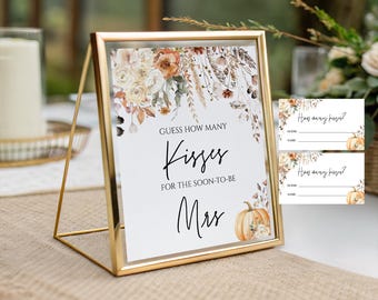 Fall in Love Bridal Shower guess how many kisses sign and card Fall Floral Bridal shower games Printable Template Digital Download FAL109