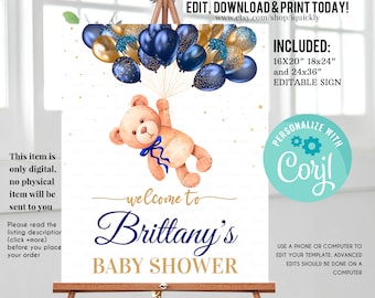 Editable Teddy Bear Baby Shower Welcome Sign, Bear Themed Baby Shower Welcome Sign, Printable Baby Shower Party Sign, Yard sign Download