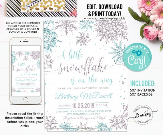 Snowflake Baby Shower Invitation Editable A Little Snowflake Etsy Ireland