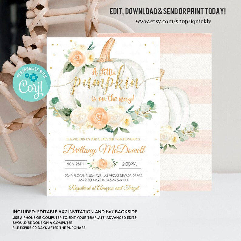 EDITABLE Pumpkin Baby Shower Invitation Floral Peach Gold Etsy