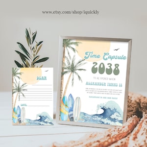 BEWERKBAAR The Big One Time Capsule bijpassende notitiekaarten Strandcapsulebord Surfer Verjaardagsthema Surfen downloadsjabloon