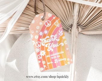 May include: A colorful thank you tag with a rainbow, peace signs, and flowers. The text reads "Thank You for celebrating with me love, Brittany".