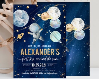 EDITABLE First Trip Around the Sun Outer Space First Birthday Invitation Galaxy Blast Off  Printable Templates Digital Download Corjl FT104