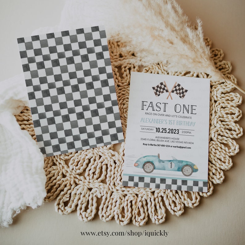 Fast One Racing Car First Birthday Invitation 1st Birthday Invitation Racing Car Vintage Racecar Invite Printable Template Instant Download imagem 2