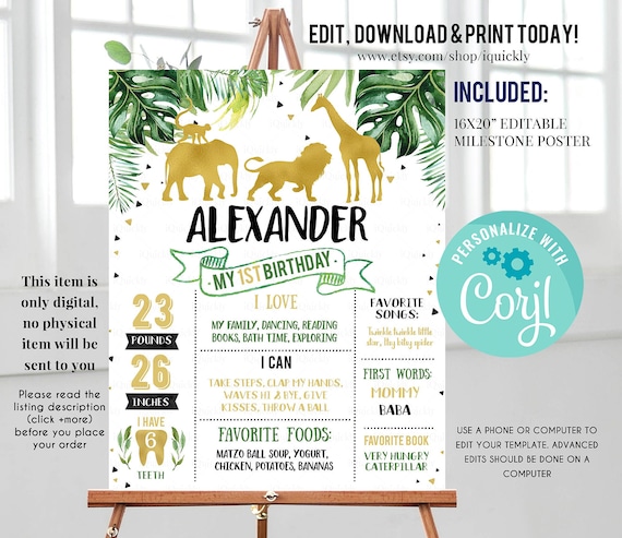Jungle Gold Milestone Birthday Poster, EDITABLE Safari First Birthday Chalkboard sign, Wild one 1st birthday Instant download template Il_570xn