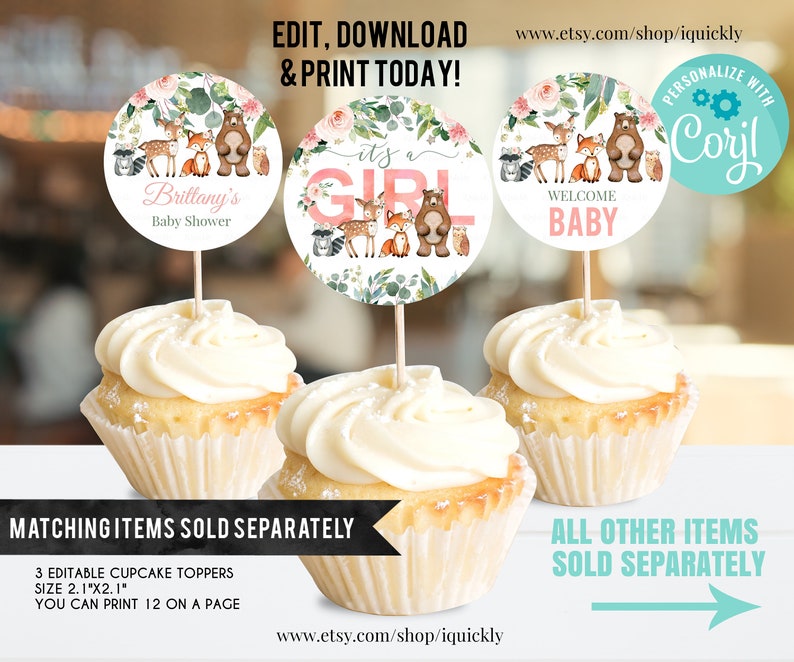 EDITABLE Woodland girl Food tags, Girl Buffet label, Forest animals Tent card Food Labels Place Cards Table Card Printable Template Instant image 4