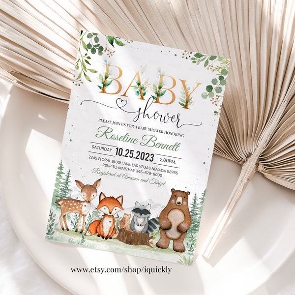 Woodland Baby Shower Invitation, EDITABLE Gender Neutral Woodland animals invitations, Woodland Theme Invites Template Instant download
