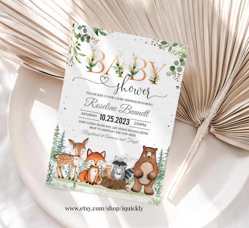 Woodland Baby Shower Invitation, EDITABLE Gender Neutral Woodland animals invitations, Woodland Theme Invites Template Instant download image 1