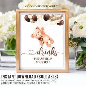 Teddy Bear Baby Shower Drinks Please Help Yourself Game Sign Boy Bear Digital Printable Instant Download