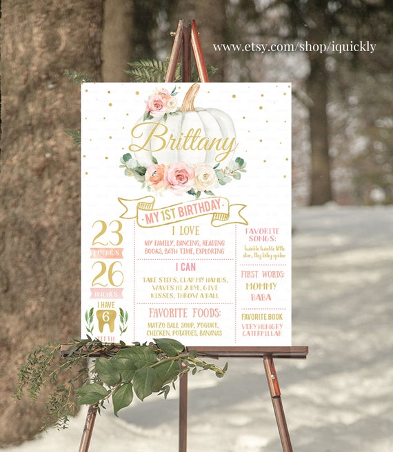 EDITABLE Pumpkin Milestone Birthday Poster First Birthday Chalkboard sign Fall Pink and gold 1st birthday Instant download templates PUMP1 Il_570xn