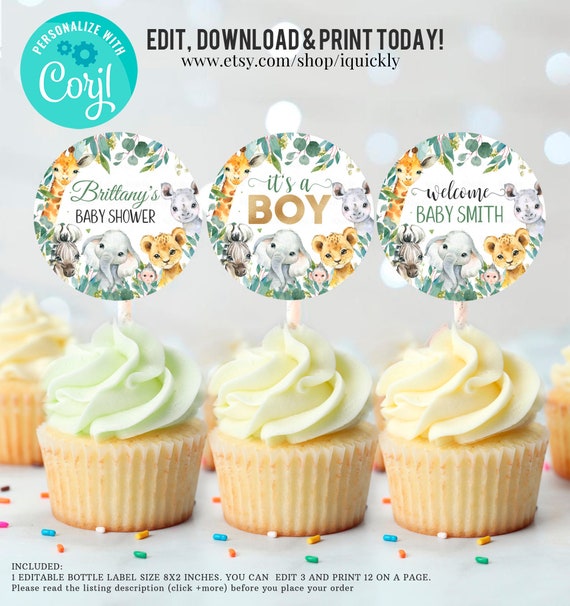 EDITABLE Safari Baby shower Cupcake Toppers, Jungle animals Party