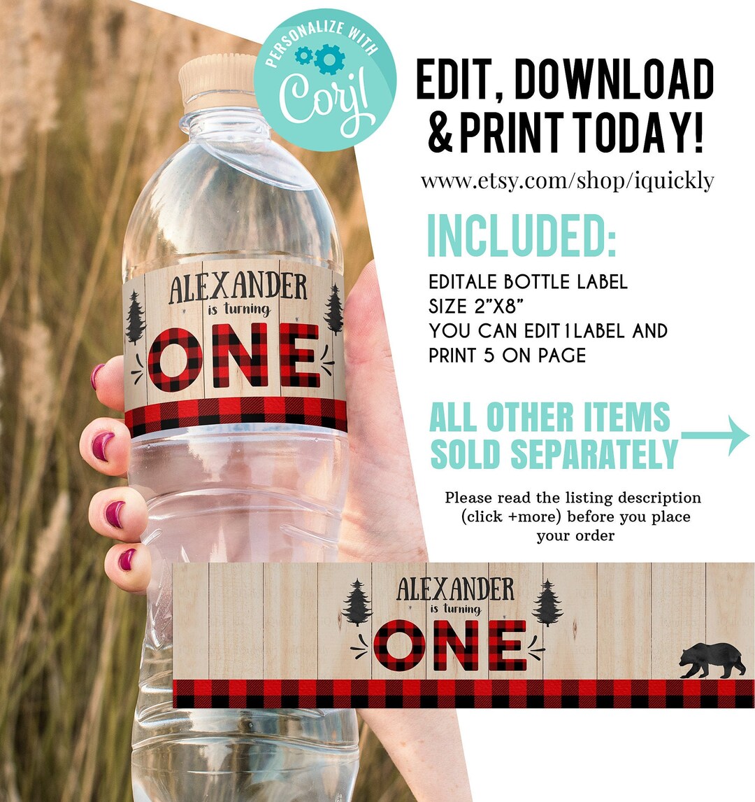 Editable Lumberjack Water Bottle Labels, Buffalo Plaid Water Labels, Wilderness Bear, Rustic Boy ...