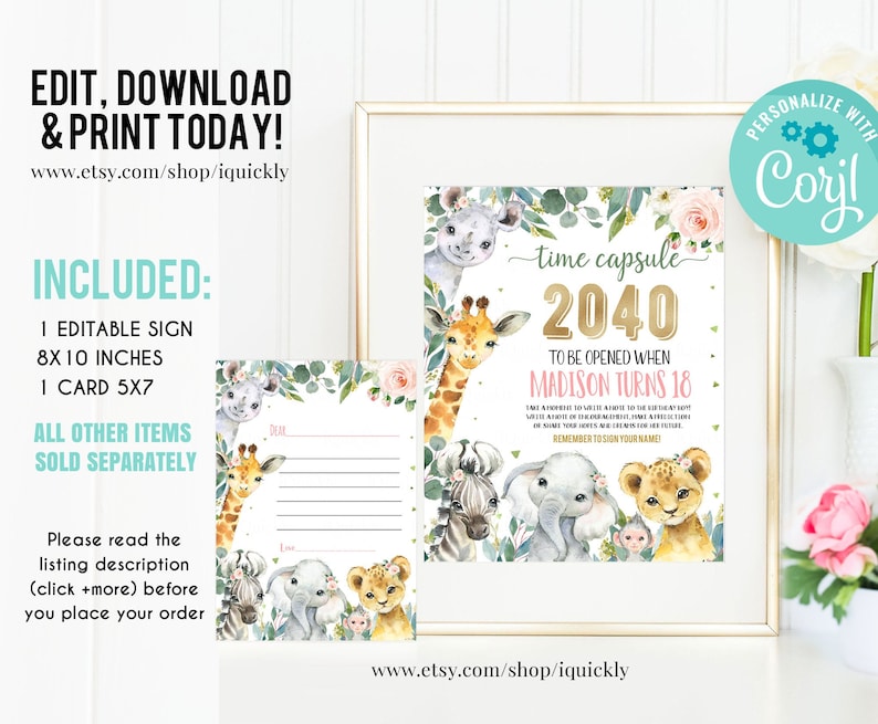 EDITABLE Safari Time Capsule and Matching Note Cards, Jungle Animals 1st Birthday Time Capsule, Wild one First Birthday Instant download image 1