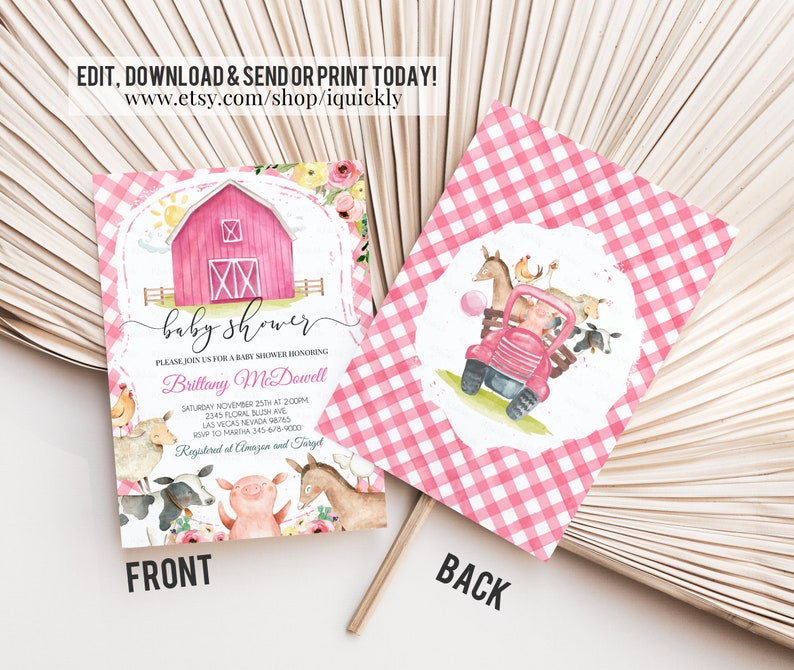 Farm Baby Shower Invitation Girl Editable Pink Farm Animals Etsy