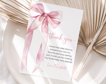 Pink Bow Birthday Thank you card Editable Girl First Thank you note Bow 1st Birthday Any Age Bow Party Themed Template Printable Download
