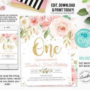May include: A printable invitation for a first birthday party. The invitation features a watercolor floral design with pink and white flowers and gold glitter accents. The text on the invitation reads "One" and "Roseline's First Birthday".