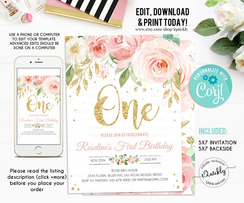 May include: A printable invitation for a first birthday party. The invitation features a watercolor floral design with pink and white flowers and gold glitter accents. The text on the invitation reads "One" and "Roseline's First Birthday".