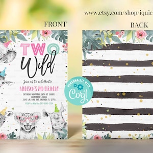 Editable Birthday Invitation Girl Two Wild Animals Invite Pink and Gold Safari Zoo Instant Download Printable Template Digital Corjl image 2