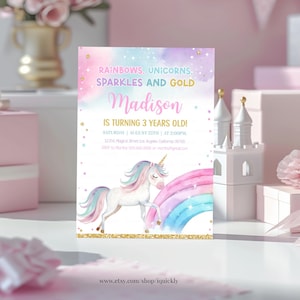 Unicorn Birthday Invitation Editable 3rd Rainbow Pastel Birthday Invite Girls 3rd Invitation Any Age Printable Template Digital Download
