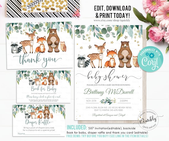 Woodland Baby Shower Invitation Set EDITABLE Gender Neutral