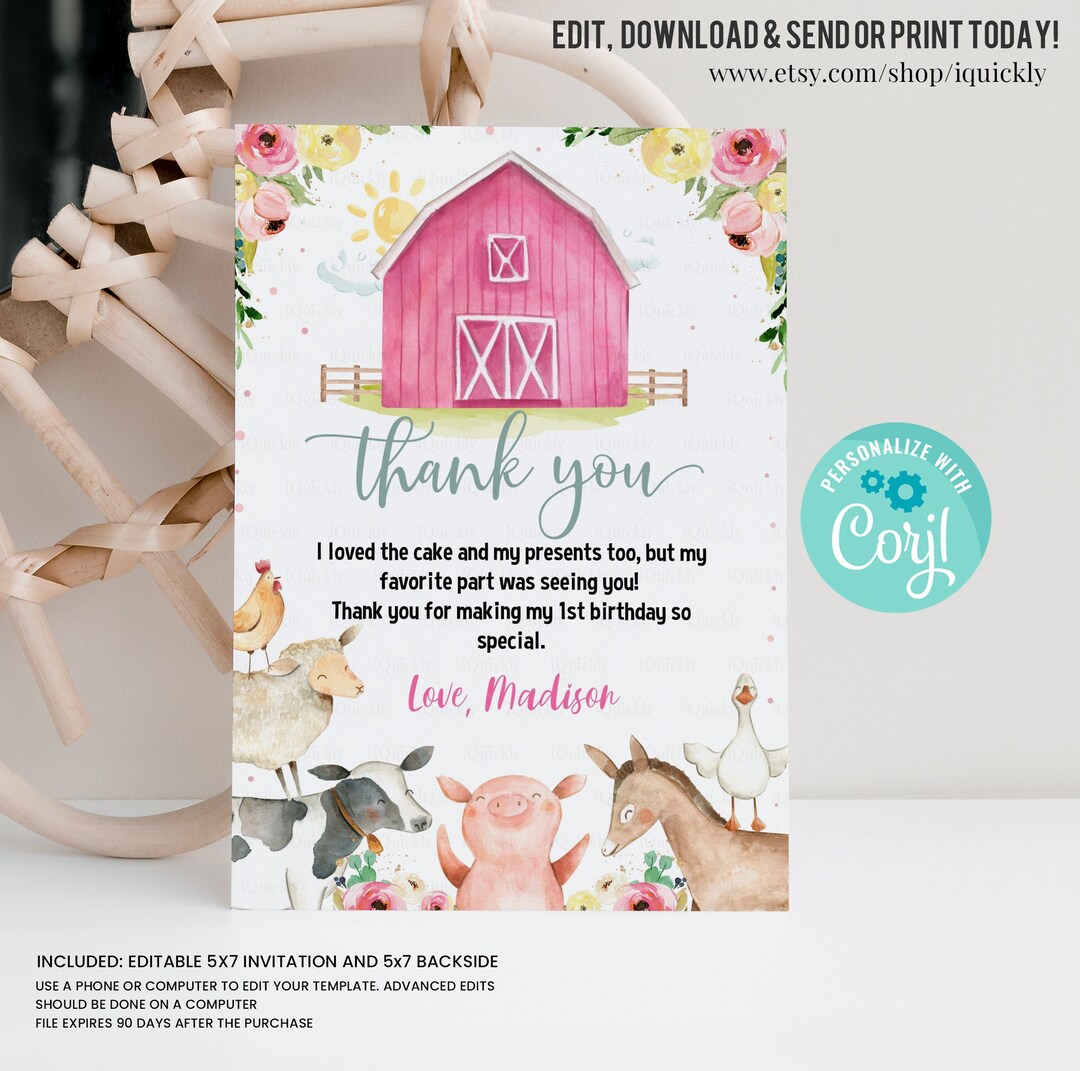 EDITABLE Farm Thank You Card, Barnyard First Birthday Note Card, Farm ...