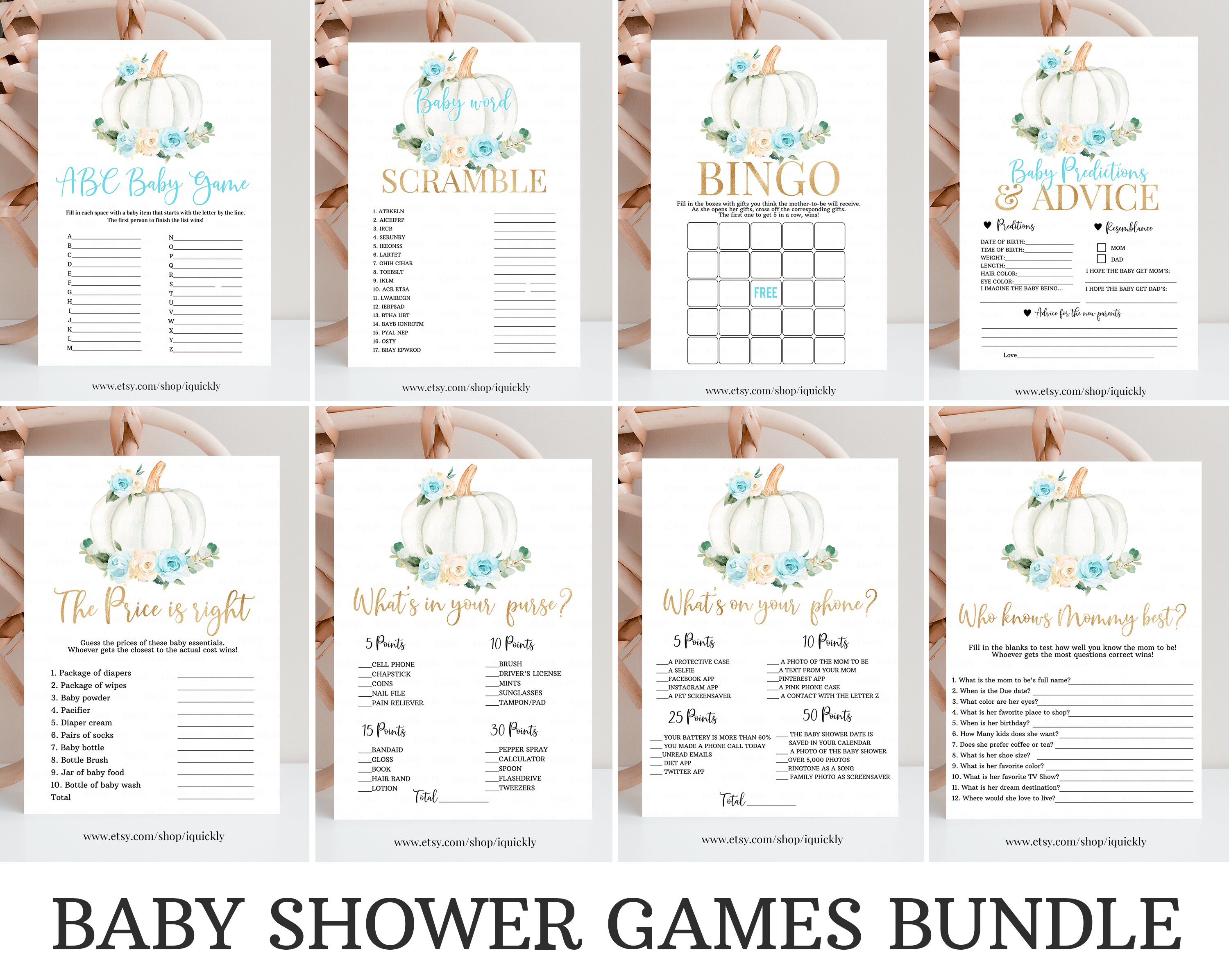 Pumpkin Baby Shower Games Bundle Floral blue gold Boy little Pumpkin Game package Baby Shower Game Pack Fall Autumn Instant Download P3