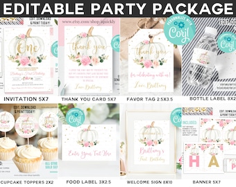 EDITABLE Pumpkin Birthday Party Package Invitation Floral Pink gold Girl Pumpkin First birthday Party Decorations Instant Download Template
