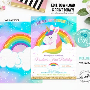 Rainbow Unicorn Birthday Invitation Editable, Unicorn party, Magical Unicorn, Unicorn invite, Unicorn and Rainbow download Template Digital image 2