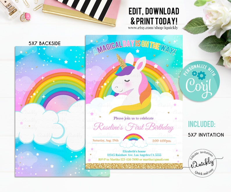 Rainbow Unicorn Birthday Invitation Editable, Unicorn party, Magical Unicorn, Unicorn invite, Unicorn and Rainbow download Template Digital 画像 2