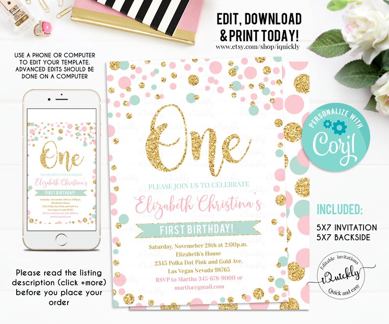 EDITABLE Pink Gold Mint First Birthday Invitation Confetti Etsy