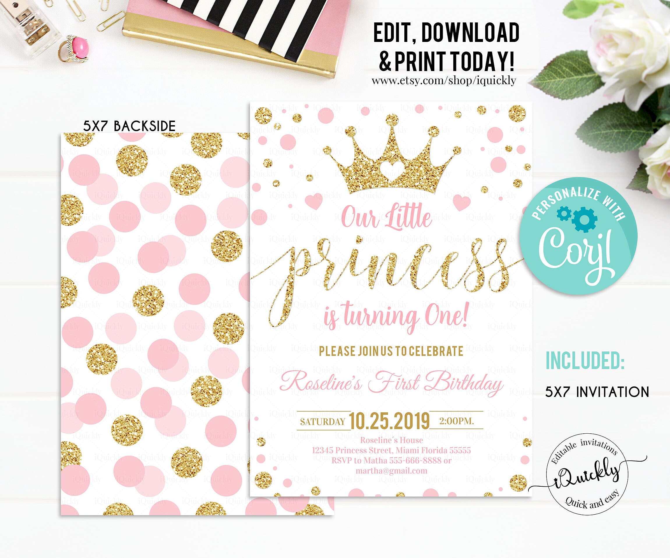 Editable Princess Birthday Invitation Pink and Gold Little - Etsy