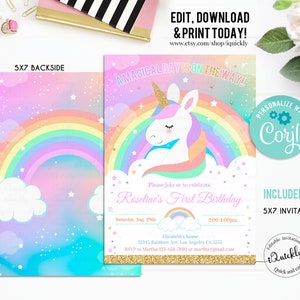 EDITABLE Rainbow Unicorn Birthday Invitation, Unicorn party, Magical Unicorn, Unicorn invite Unicorn and Rainbow download Template Digital 3 image 2