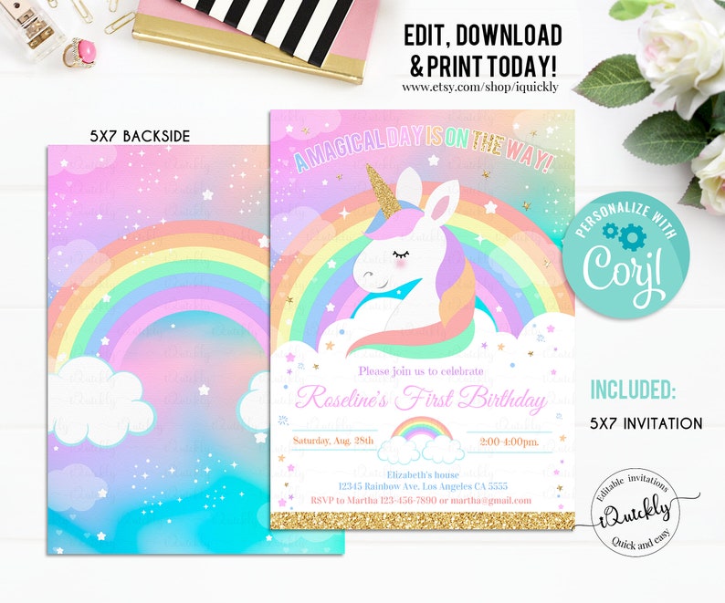 EDITABLE Rainbow Unicorn Birthday Invitation, Unicorn party, Magical Unicorn, Unicorn invite Unicorn and Rainbow download Template Digital 3 image 2