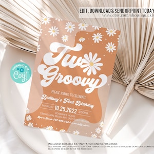 Editable Two Groovy 2nd Birthday Party Invitation Boho Retro Groovy Hippie Floral 70&#39;s Birthday Party Daisy Hippie Party Instant Download