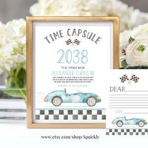BEWERKBARE Fast One Time Capsule bijpassende notitiekaarten Race Car Capsule Sign & Car Racing Sjabloon voor directe download