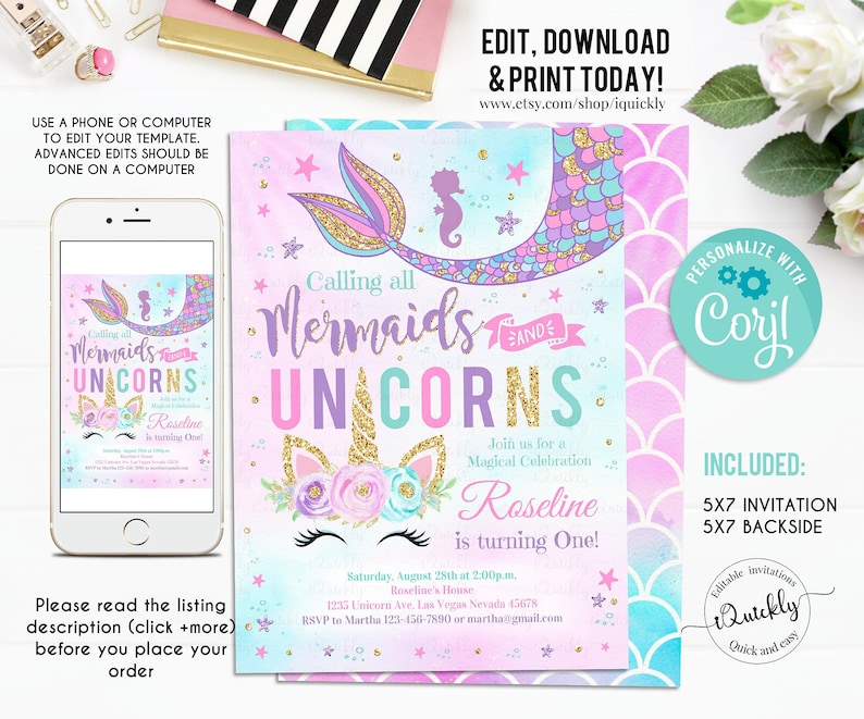 Editable Unicorn Mermaid Birthday Invitation, Mermaid invite, Unicorn party, Magical Unicorn Instant download Printable template digital 4 image 1