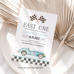 Fast One Racing Car First Birthday Invitation 1st Birthday Invitation Racing Car Vintage Racecar Invite Printable Template Instant Download imagem 1