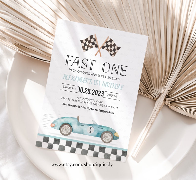 Fast One Racing Car First Birthday Invitation 1st Birthday Invitation Racing Car Vintage Racecar Invite Printable Template Instant Download imagem 1