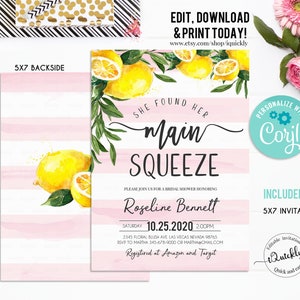 May include: A pink and white striped 5x7 inch invitation with lemons and greenery. The invitation says "She found her main squeeze" and is for a bridal shower honoring Roseline Bennett on October 25, 2020 at 2:00 PM. The invitation includes the address, RSVP information, and registry details. The invitation is personalized with the name "Cory".