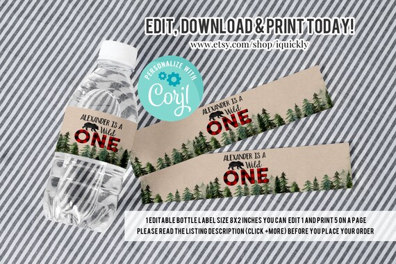 Editable Lumberjack Water Bottle labels, Buffalo Plaid Water labels, Wilderness Bear, Rustic Boy Birthday, Cub Template Instant Download Il_570xn