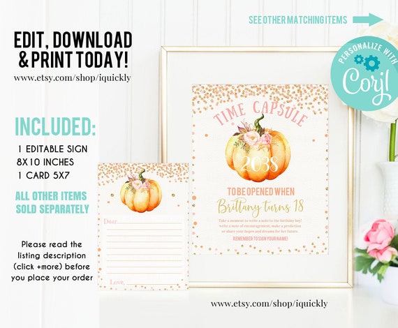 EDITABLE Pumpkin Time Capsule and Matching Note Cards, Little pumpkin Pink Gold 1st Birthday Time Capsule, Fall Autumn Instant download Il_570xn