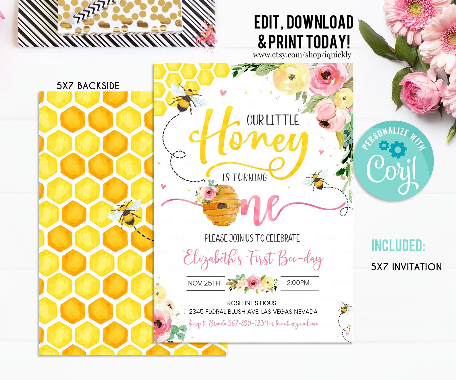 Editable Bee Birthday Invitation Honey Bee Birthday Party Bee 1st ...
