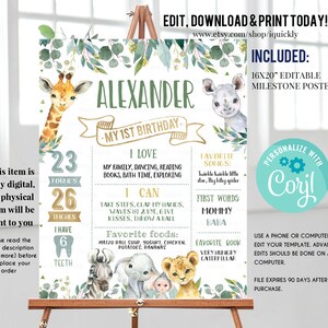 May include: Editable 16x20 inch milestone poster for a first birthday with a jungle animal theme. The poster features a green background with leaves, a giraffe, a rhino, a zebra, an elephant, and a lion. The poster includes the child's name, "Alexander", and details about their first year, including their height, weight, favorite foods, and first words. The poster is personalized with the name "Coril".
