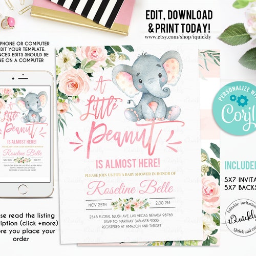 Elephant Baby Shower Invitation Pink Girl Jungle Floral Etsy