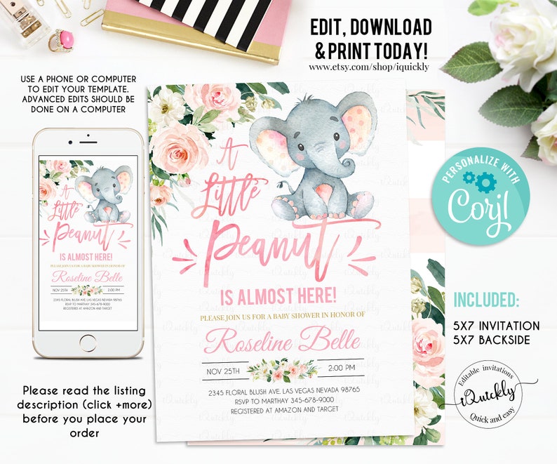 Elephant Baby Shower Invitation Girl, EDITABLE Pink Elephant Girl Baby Shower Invite, Invitations Printable template Instant download 